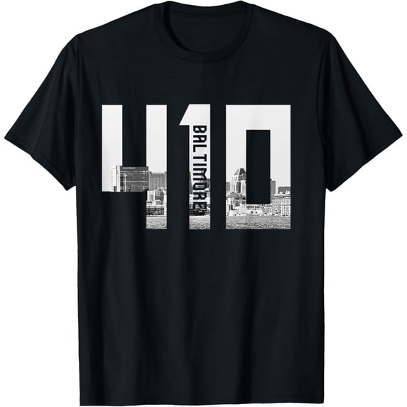 Vintage Baltimore Maryland 410 Area Code Skyline T-ShirtMen and women, Black T-shirt, size: Extra large