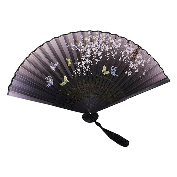 Vintage Bamboo Folding Fan - Handheld Floral Silk Fan with Tassel for Women, for Weddings, , Dancing & Summer Cooling