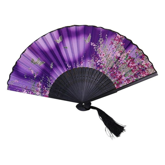 Vintage Bamboo Folding Fan - Handheld Floral Silk Fan with Tassel for Women, for Weddings, , Dancing & Summer Cooling