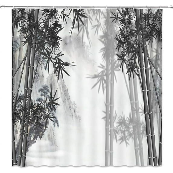 Vintage Bamboo Shower Curtain Black Gray Bamboo Leaf Gray Foggy Mountain Retro Asian Janpan Chinese Style Ink Painting Home Bathroom Fabric Decor Curtain with Hooks