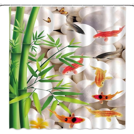 Vintage Bamboo Shower Curtain Green Bamboo Leaf Colorful Koi Fish White Stone Asian Janpan Chinese Style Ink Painting Home Bathroom Fabric Decor Curtain with Hooks