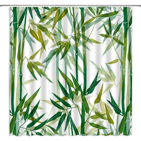 Vintage Bamboo Shower Curtain Green Yellow Abstract Bamboo Leaf Retro Asian Japan Chinese Style Ink Painting White Home Bathroom Fabric Decor Curtain with Hooks