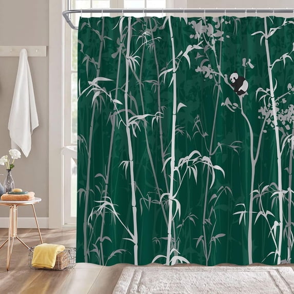 Vintage Bamboo Shower Curtain Retro Chinese Style Green Gray Bamboo Leaf Panda Rutsic Plant Bathroom Decor Fabric Curtain with Hooks