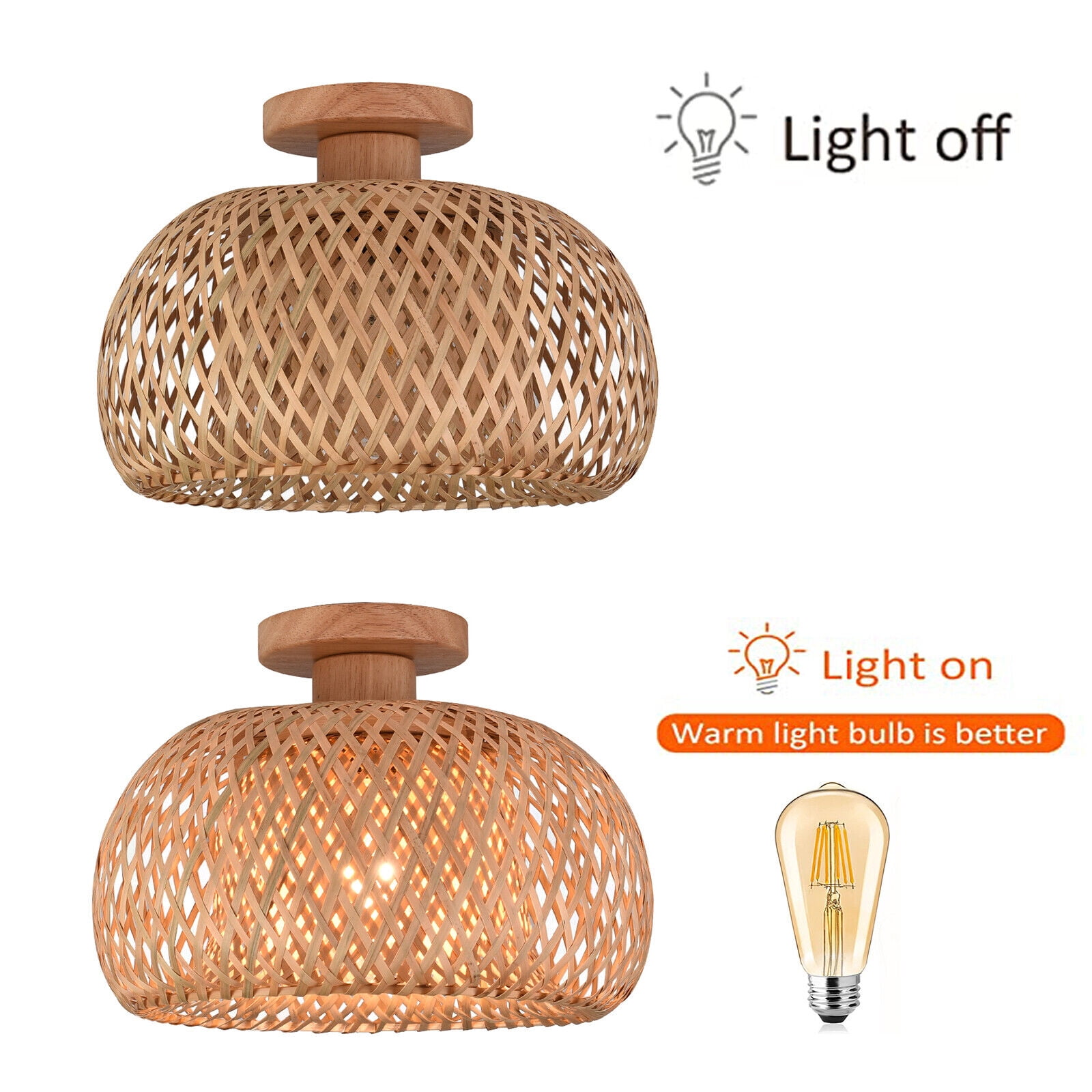 Vintage Bamboo Wicker Rattan Lantern Ceiling Light Fixture Semi Flush Mount Lamp