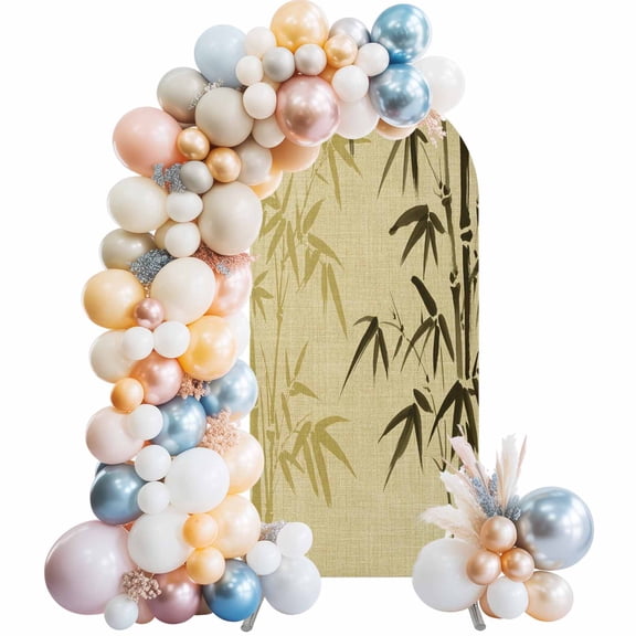 Vintage Bamboos Arch Backdrop Cover, Spandex Fitted Wedding Arch Cover, Ink Painting Retro Art Rustic Round Top Stand Covers for Birthday Ceremony Bridal Shower Party Decor 4x1.65 Ft