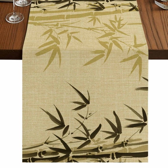Vintage Bamboos Burlap Cotton Table Runner 13x36 Inches Short, Ink Painting Retro Art Rustic Farmhouse Table Runners, Outdoor Dining Tablecloths Decor for Baby Shower/Party/Wedding