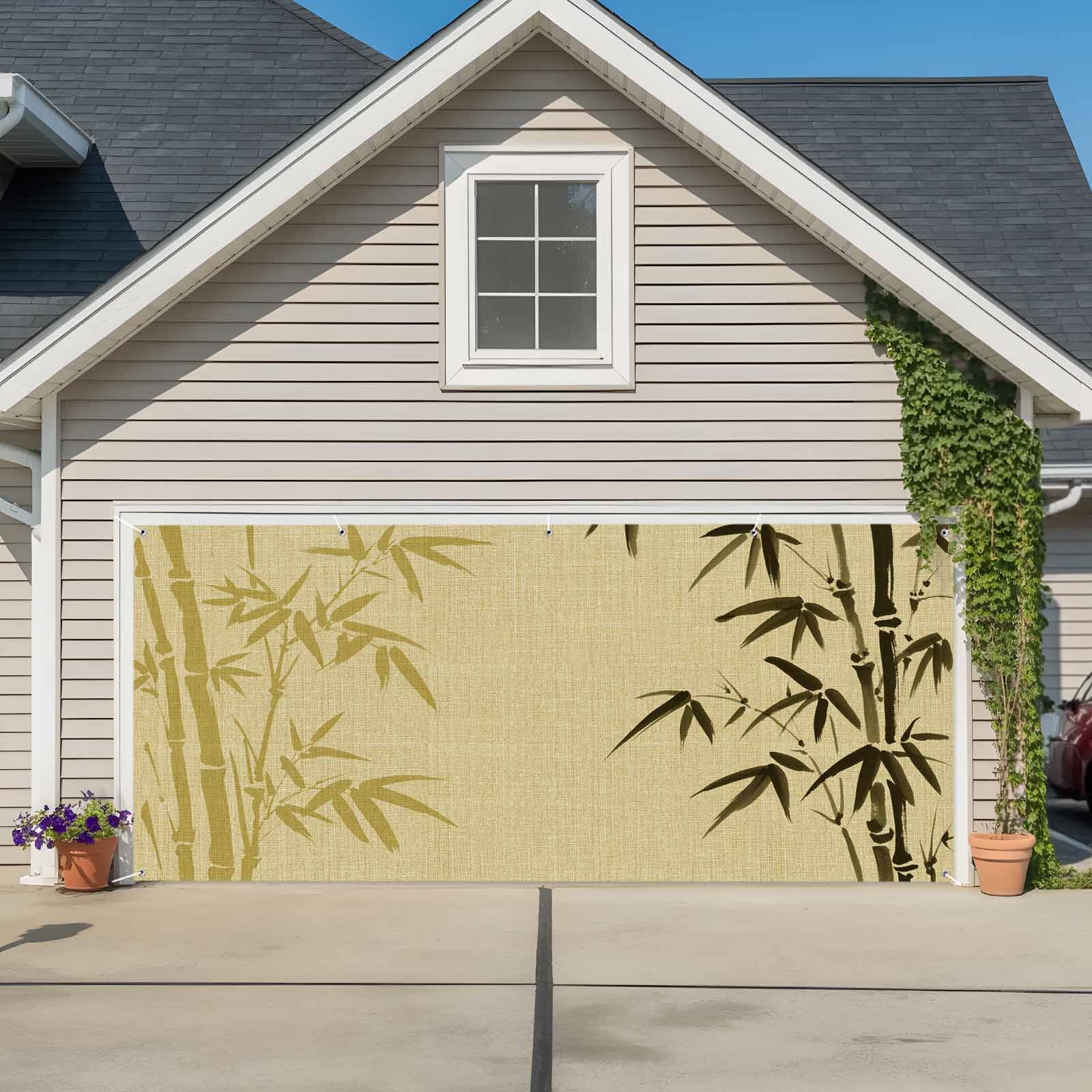 Vintage Bamboos Garage Door Cover Banner 7 x 8 FT, Ink Painting Retro Art Rustic Garage Door Curtains Backdrop with Grommets for Indoor Outdoor Wall Party Porch Yard Decorations Background