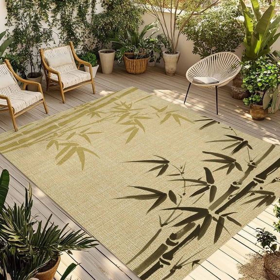 Vintage Bamboos Outdoor Rug 3x5 Ft - Reversible Patio Rug Outdoor Camping Rugs, Ink Painting Retro Art Rustic Washable Indoor Outdoor Area Rugs, Non-Slip Outdoor Carpet Runner for Deck/Porch