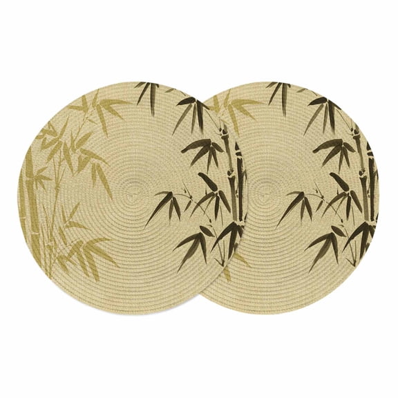 Vintage Bamboos Round 13 Inch Placemats Set of 2, Ink Painting Retro Art Rustic HeatResistant Non Slip Place Mats for Dining Table, Wipeable Braided Kitchen Table Mats for Housewarming
