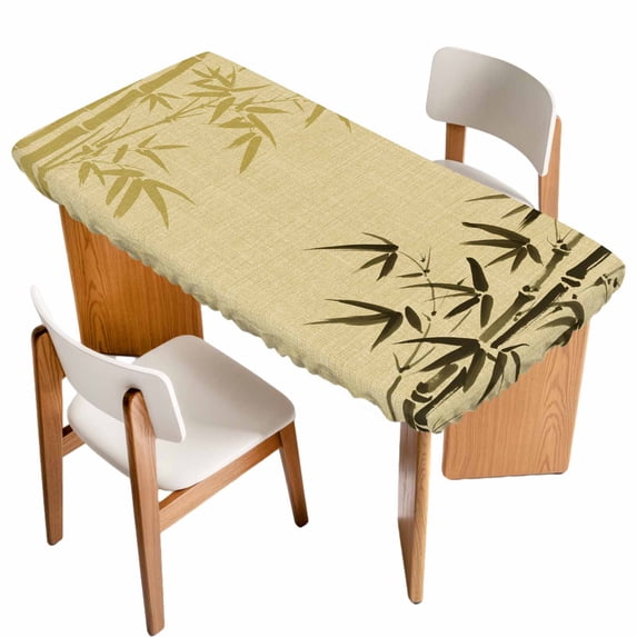 Vintage Bamboos Table Cloths for 3 Foot Rectangle Tables, Ink Painting Retro Art Rustic Patio Waterproof Elastic Fitted Tablecloths, Washable Rectangular Table Cover for Camping