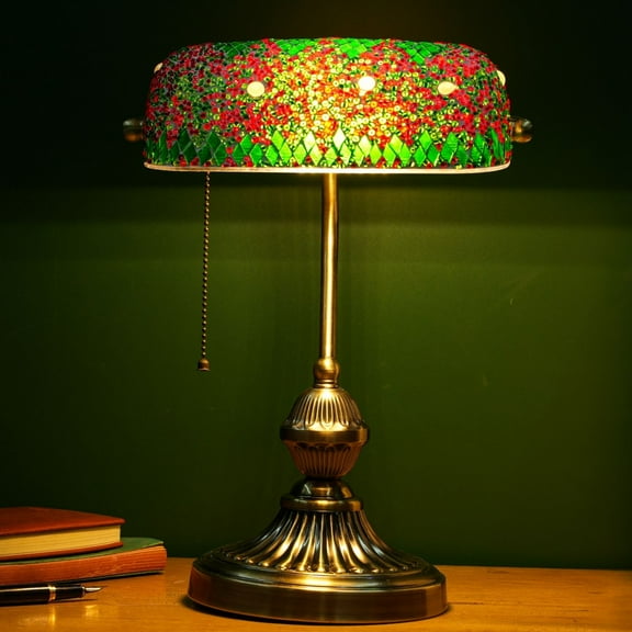 Vintage Bankers Desk Lamp with Turkish Mosaic & Brass Base, Classic Office Desk Light for Study, E26 Bulb Compatible Table Lamp