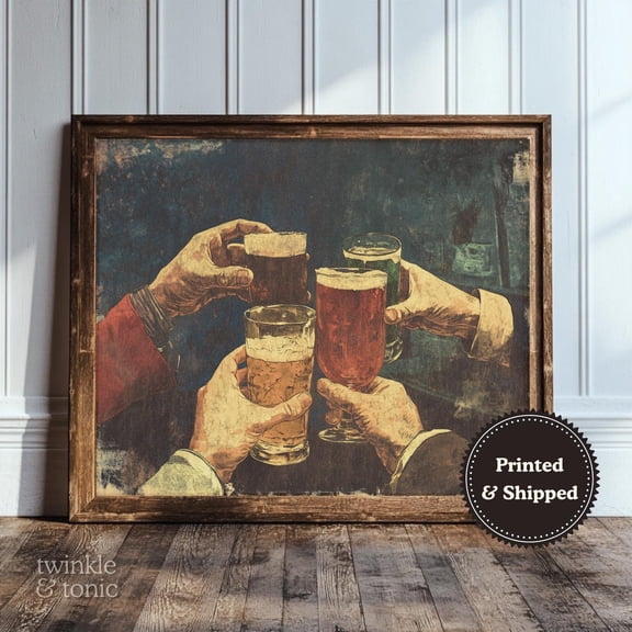 Vintage Bar Cart Art, Dark Academia Gift, Moody Cheers Print, Rustic Cocktail Bar Decor, Antique Beer Drinker, Unframed Poster Size 24x36