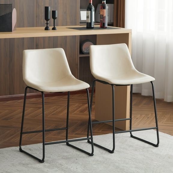 Vintage Bar Stools with Faux Leather Upholstery & Metal Frame, Set of 2, Black + Cream