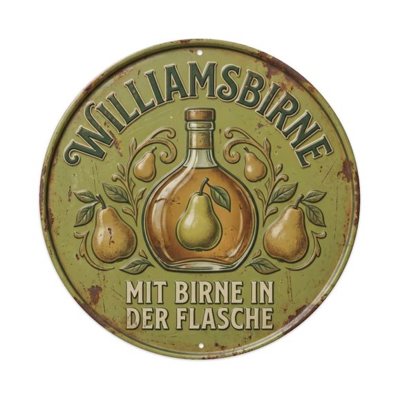 Vintage Bar Style Williamsbirne Traditional Pear Brandy Vintage Metal Tin Sign Plaque Wall Decor for Cafe, Club, Garden Round Metal Poster 8x8Inch