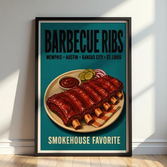 Vintage Barbecue Ribs Poster, Retro BBQ Kitchen Wall Art, Smokehouse Food Print, Poster Only