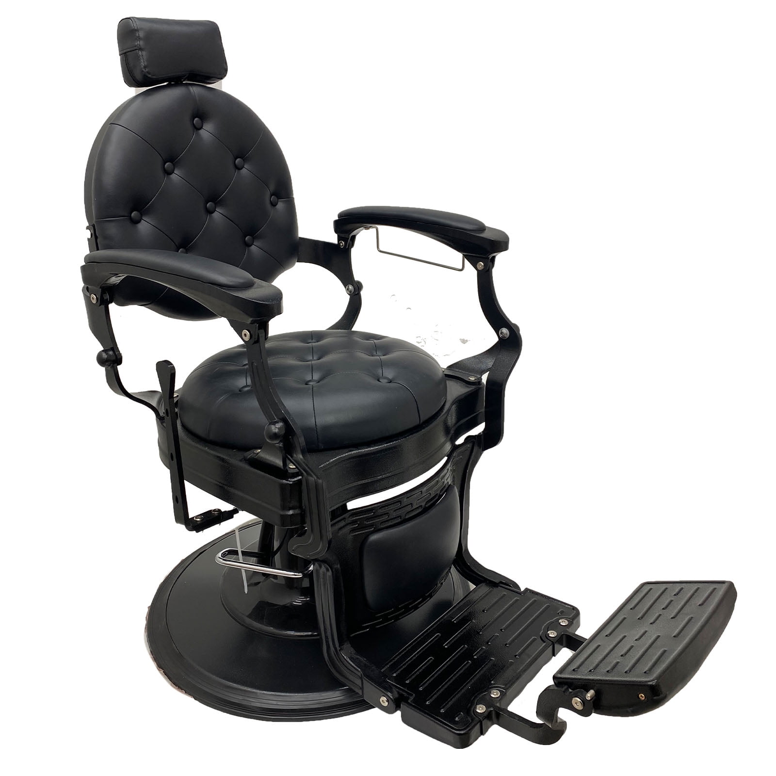 Vintage Black PVC Leather Reclining Barber Chair with Aluminum Frame