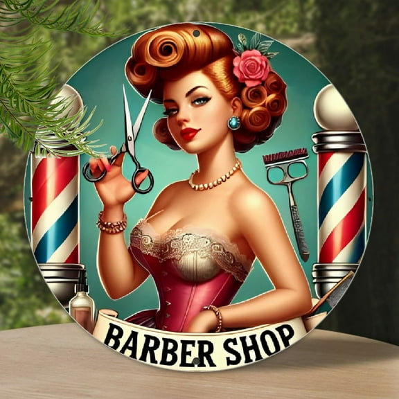 Vintage Barber Shop Decorative Aluminum Sign - 7.87inch Round Wall Art for Hair Salon, Bedroom, Club, Man Cave, Garage - Elegant Hairdresser Themed, Classic Stylist Decor Plate, Durable Material, 1