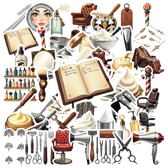 Vintage Barber Shop Theme Stickers, Waterproof Barber Shop Theme Sticker for Water Bottle Laptop Phone Cases Planner Skateboard Luggage Helmet Party Favor Decor, Ideal for Adults Teens Teacher Rewards