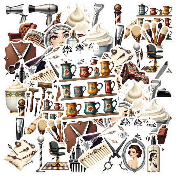 Vintage Barber Shop Theme Stickers, Waterproof Barber Shop Theme Sticker for Water Bottle Laptop Phone Cases Planner Skateboard Luggage Helmet Party Favor Decor, Ideal for Adults Teens Teacher Rewards