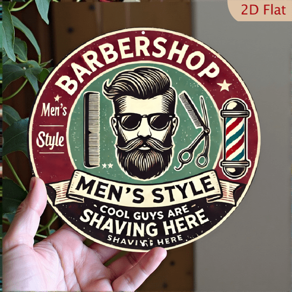 Vintage Barbershop Metal Wall Art, Round Aluminum Sign Decor, Retro Men's Grooming Salon Poster for Man Cave or Barber Shop, 8 x 8 Inch Wall Hanging Decor
