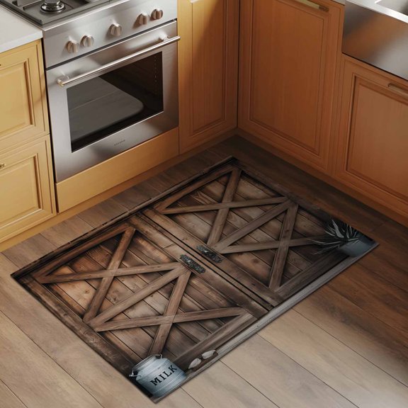 Vintage Barn Door 2x3 Rug for Entryway Front Door Kitchen Sink Area, Brown Countryside Farmhouse Low Pile Washable Non Slip Rectangle Area Rug