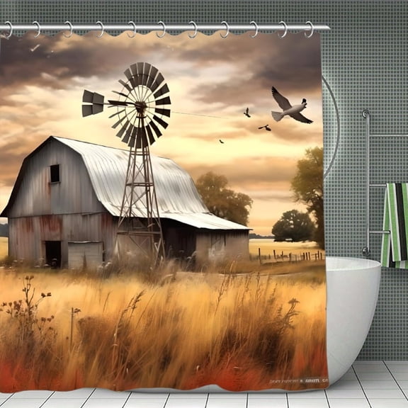 Vintage Barn And Windmill Pictures Shower Curtain 70.8x70.8 Inch,Bathroom Shower Curtain,Home Waterproof Fabric Shower Curtain Bathtub Decor with Hooks