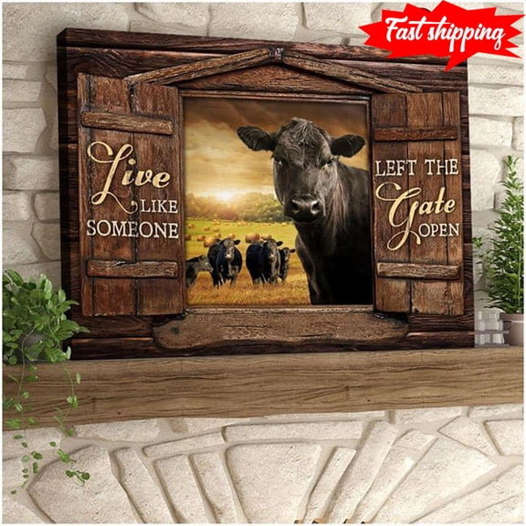 Vintage Barn Window Frame With Black Cows On Farm Live Like Someone Left The Gate Open 16 x 24 Inch Poster