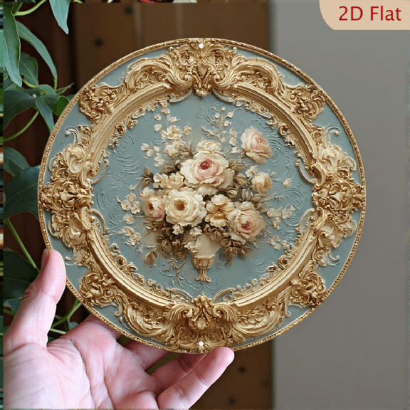 Vintage Baroque Floral Bouquet Wall Art Sign, Roses Decor, 8" Round Aluminum Wall Metal Signs, Wall Decor For Kitchen, Door, Office, Bedroom Decor, Best Gifts For Room, Home, Bathroom Decor, 2D Flat