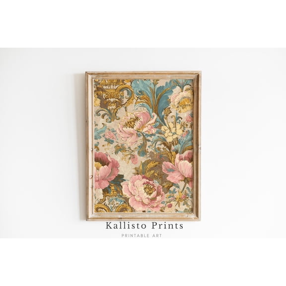Vintage Baroque Floral Wall Art Print Poster in Blush Pink and Gold Romantic Rococo Peony Artwork, French Style Botanical, Size 24x36 UNFFRAMED F03.1.6l2614