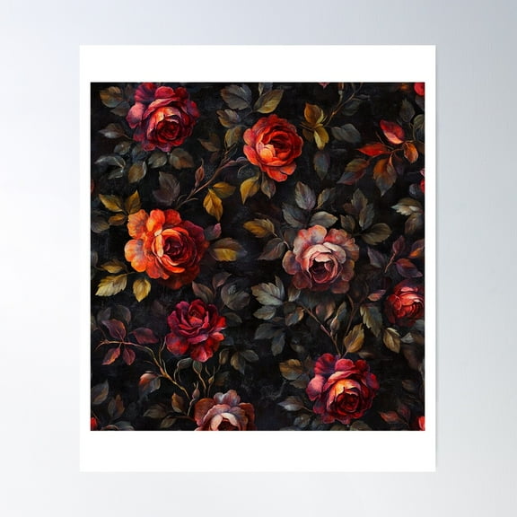 Vintage Baroque Floral Wallpaper – Dark Romantic Roses Poster Wall Art, Modern Wall Decor For Living Room Bedroom, 16x24 UNFRAMED