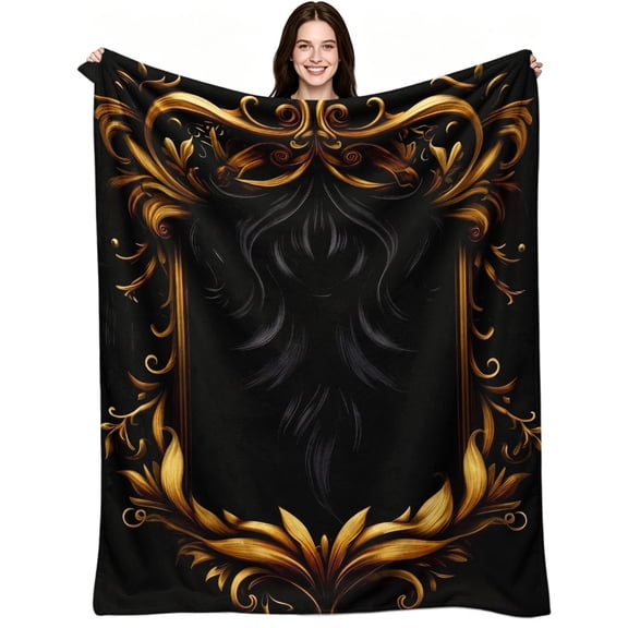Vintage Baroque Gold Ornate Frame Decor, Soft Warm Flannel Fleece, Vintage Elegant Luxury, Throw Blanket, Cozy Warm, Home Decor, Sofa Bed Living Room Home