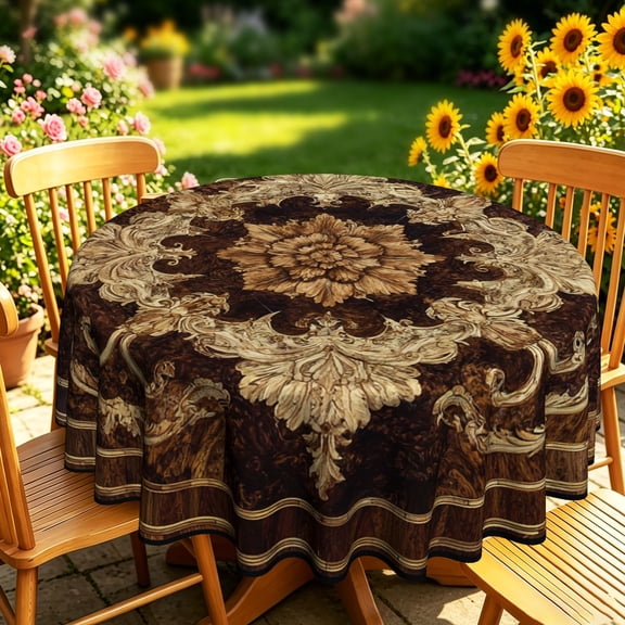 Vintage Baroque Ornate‑Floral Dark‑Brown‑Damask Round Tablecloth,35/50/60/70 inch,Polyester,Kitchen Dining Outdoor Patio Garden Decor