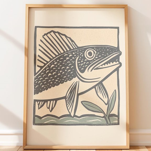 Vintage Barracuda Block Art Retro Nautical Folk Native Style Vintage Illustration Western Coastal Kitchen Wall Art Poster , Poster Print Only