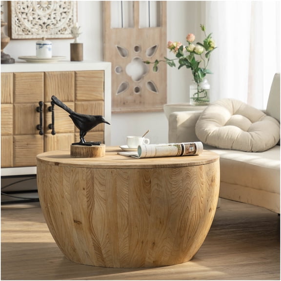 Vintage Barrel Coffee Table with Storage, Solid Wood Round End Table for Living Room, Farmhouse Center Table with Lift Top