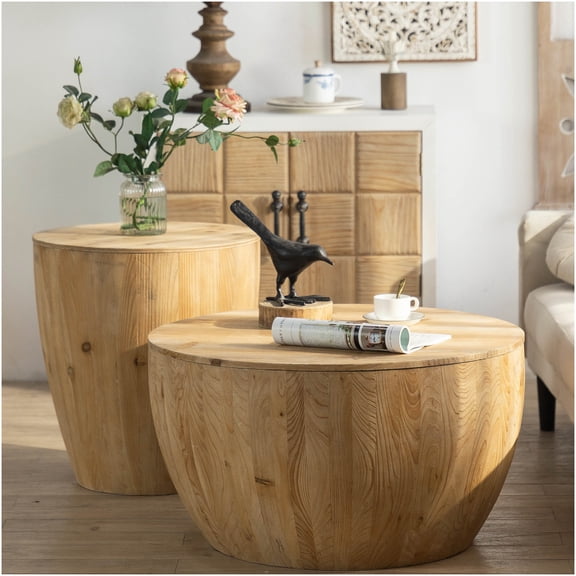 Vintage Barrel Shaped Coffee Table Set of 2, Natural Wood Side Tables for Living Room with Storage