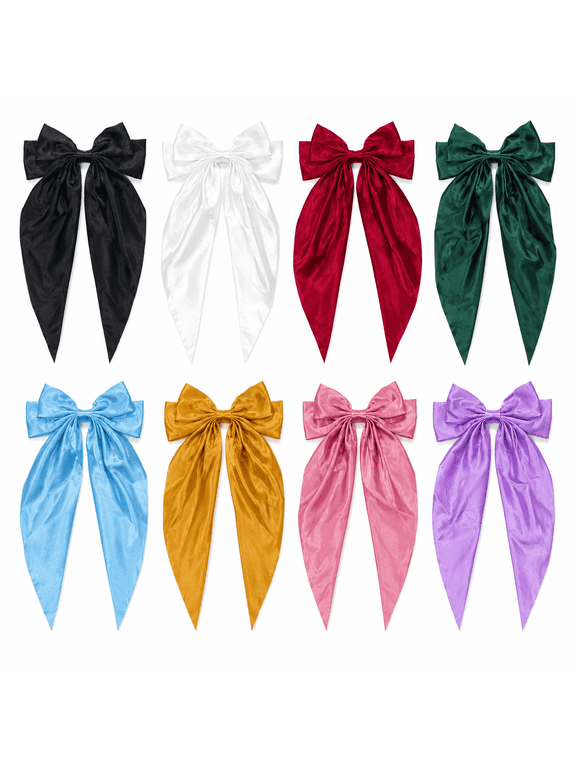 Big Bows Hair Clips for Women, French Barrette with Long Silky Satin Ribbon, Ribbon Bow Hair Clips with Long Tails (8PCS)