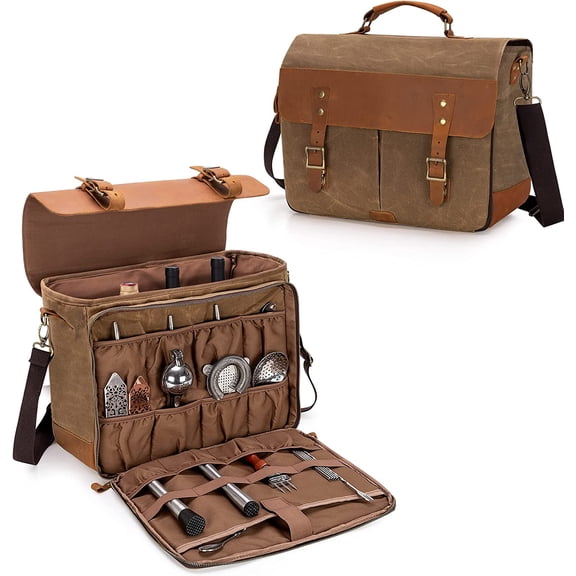 Vintage Bartender Kit Bag with Flexible Compartments for Wine, Leather Waxed Canvas Bartender Tote with Removable Dividers, Bar Bag with Handle and Shoulder Strap, Case Only, Patent Design
