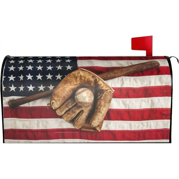 Vintage Baseball Ball Bat Glove On American Flag Mailbox Covers Magnetic Waterproof Mail Cover Letter Post Box Wraps for Home Garden Yard Decor, 25.5x21 in