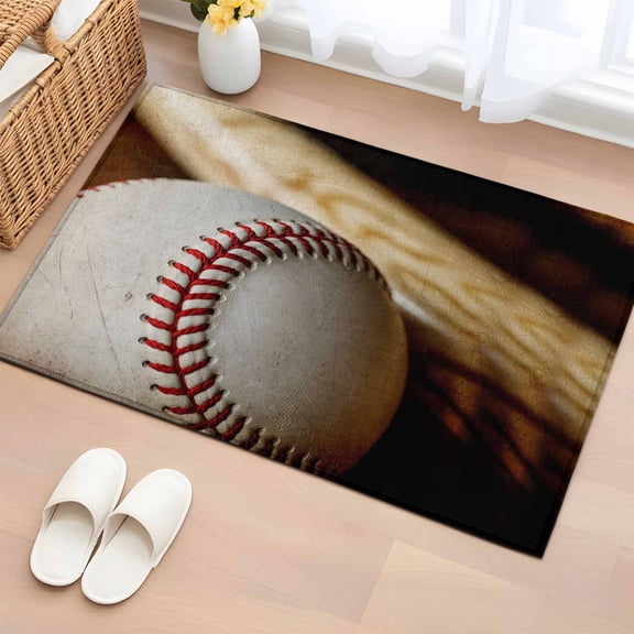 Vintage Baseball Bathroom Rug Washable 2x3 Entryway Rug Non Slip Classic Sport Retro Art Wooden Front Door Mat Low Pile Indoor Doormat Throw Floor Carpet for Kitchen Bedroom Entrance