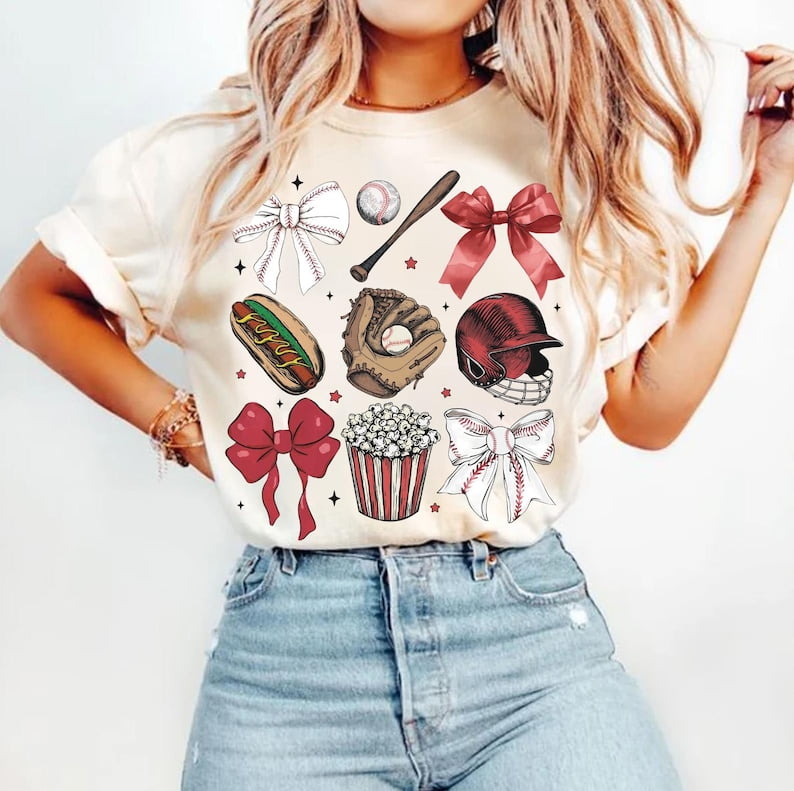 Vintage Baseball Bow T-Shirt, Coquette Game Day Baseball Shirt, Bow Baseball Mama Tee, Sublimation Baseball Mom Shirt