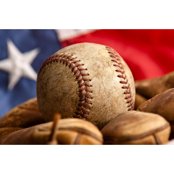 Vintage Baseball Glove and Ball with American Flag Photography A-89905 (24x36 Giclee Gallery Art Print, Vivid Textured Wall Decor)