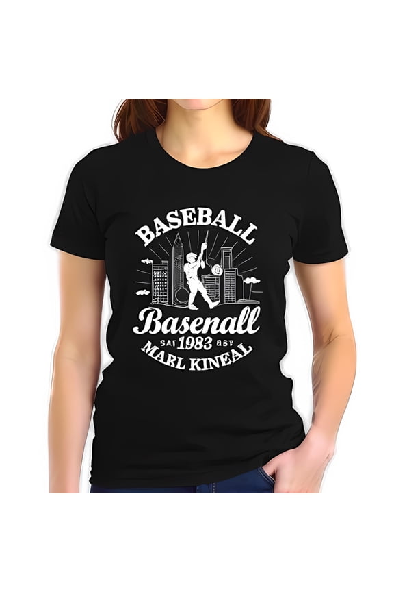 Vintage Baseball Graphic Cotton Short Sleeve T-Shirt - Bold 'Baseball' Design with Player & Cityscape 1983 Marl Kineal