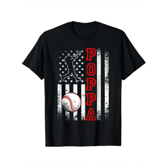 Vintage Baseball Lovers T-Shirt - American Flag Patriotic Design with Distressed Red 'POPPA' Lettering & Baseball Player Silhouette - 100% Cotton Comfort Fit Casual Tee for Men