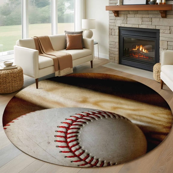Vintage Baseball Round Area Rug 6Ft Washable Circle Rugs for Bathroom Office, Classic Sport Retro Art Wooden Non-Slip Carpet Floor Mats Indoor Outdoor Carpet Runner Aesthetic Home Decor