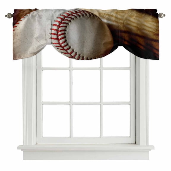 Vintage Baseball Tie Up Valance Curtains for Windows, Kitchen Curtains Window Treatments, Classic Sport Retro Art Wooden Short Window Shades Valances for Bedroom Bathroom Cafe 42"x12"