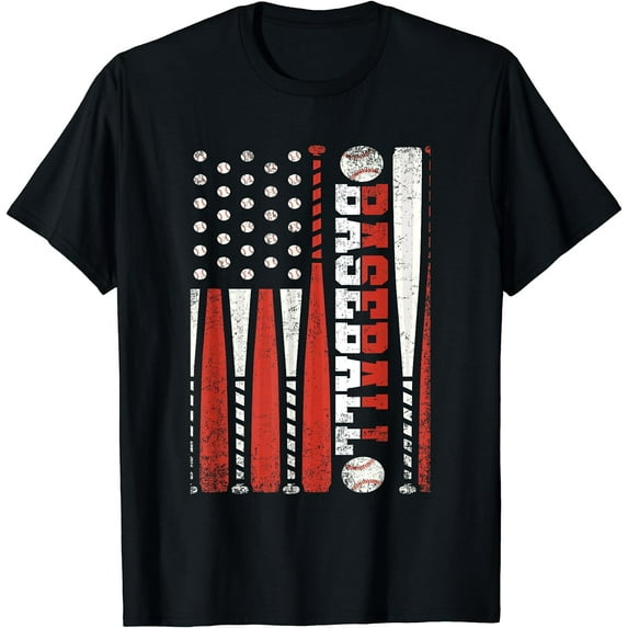 Vintage Baseball USA Flag American Baseball Team Boys Men Women T-Shirt Black Medium
