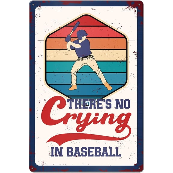 Vintage Baseball Wall Decor Metal Tin Sign for Boys Room Bedroom Sport Room Decor, Baseball Gifts for Boys, There's No Crying, 8x12 Inches