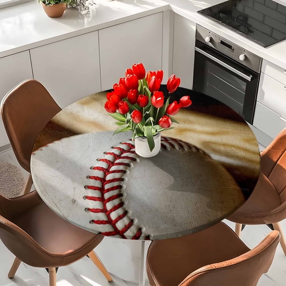 Vintage Baseball with Wooden Bat Round Fitted Tablecloth with Elastic Edge,Waterproof Table Cloth Fits Tables Up to 36"-44",Washable Table Cover for Indoor Outdoor Dinning Party,American Sports