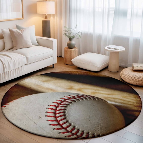 Vintage Baseball with Wooden Bat Round Rug 5ft American Sports Washable Area Rugs for Living Room Bedroom Entryway Non Slip Entrance Door Mat Indoor Floor Carpet