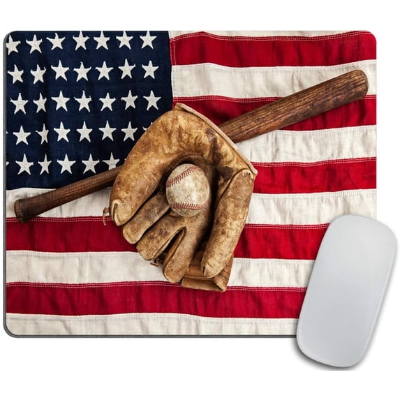 Vintage Baseball bat Mouse pad, Glove and Ball on a Vintage American Flag Rectangle Non-Slip Rubber Mousepad 9.5 X 7.9 Inch (240mmX200mmX3mm)